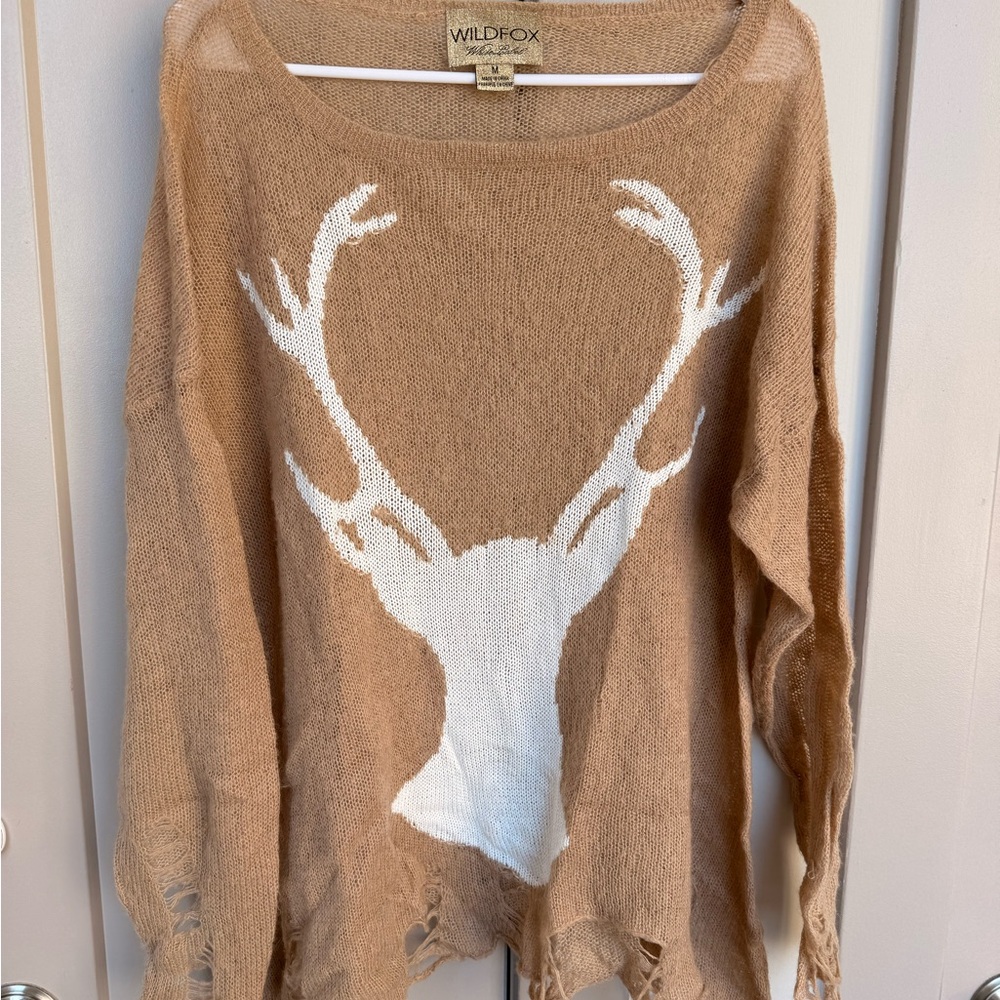 Wildfox Tan Crewneck Sweater with White Antler Graphic